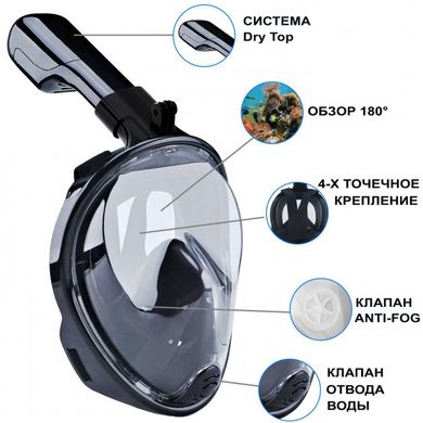 Полнолицевая панорамная маска для плавания Free Breath (S/M) Черная с креплением для камеры
